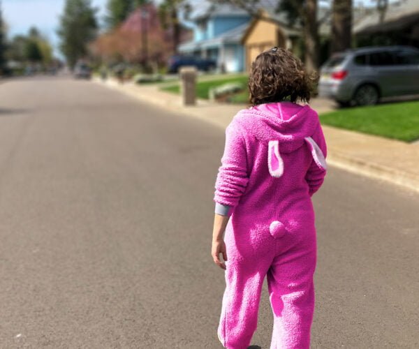 Woman in pink bunny suit